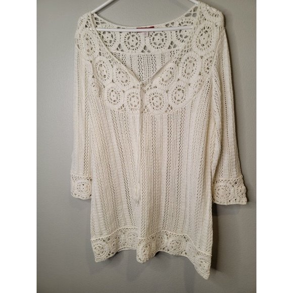 cb established Size 2X Womens Top Cream Boho Hippie Crochet Tassel Tie - Picture 2 of 5